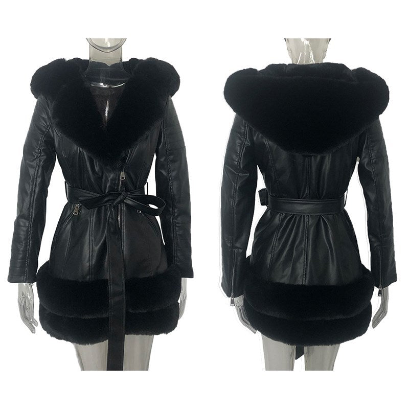 Women's Fashion Leather Coat with Fur Collar