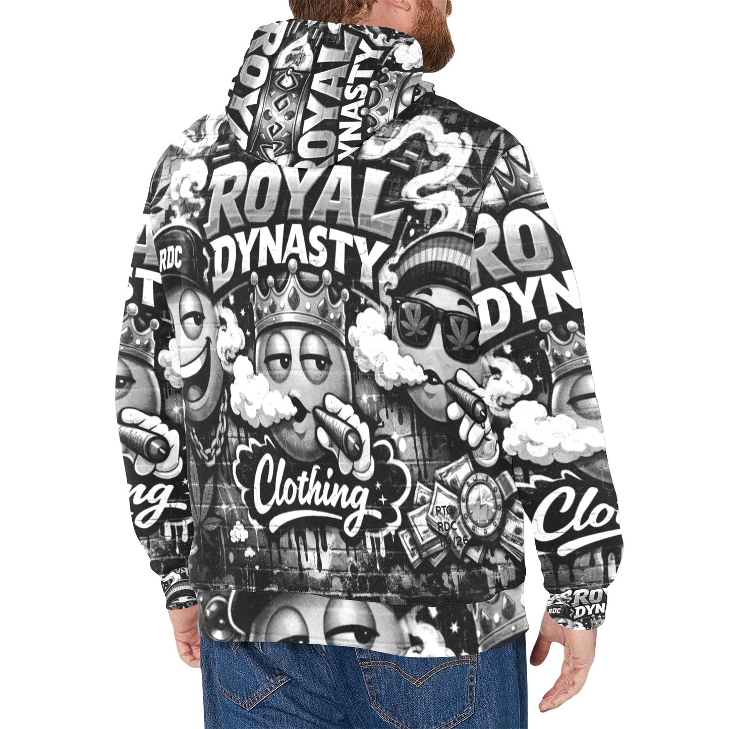 RDC BLACK WHITE LIT EMOJI Men's Long Sleeve Fleece Hoodie (H55)