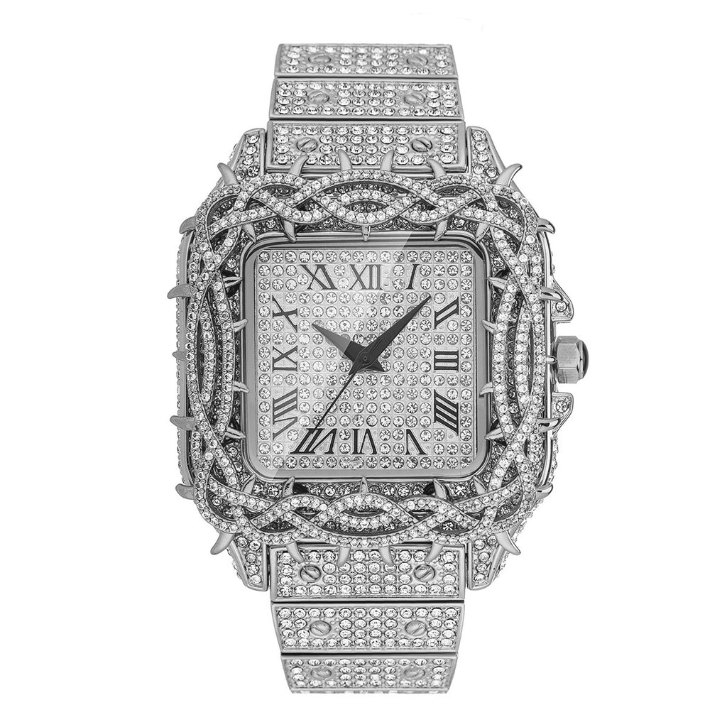 Men's Ice Thorn Dial Zircon Full Diamond Square Quartz Watch