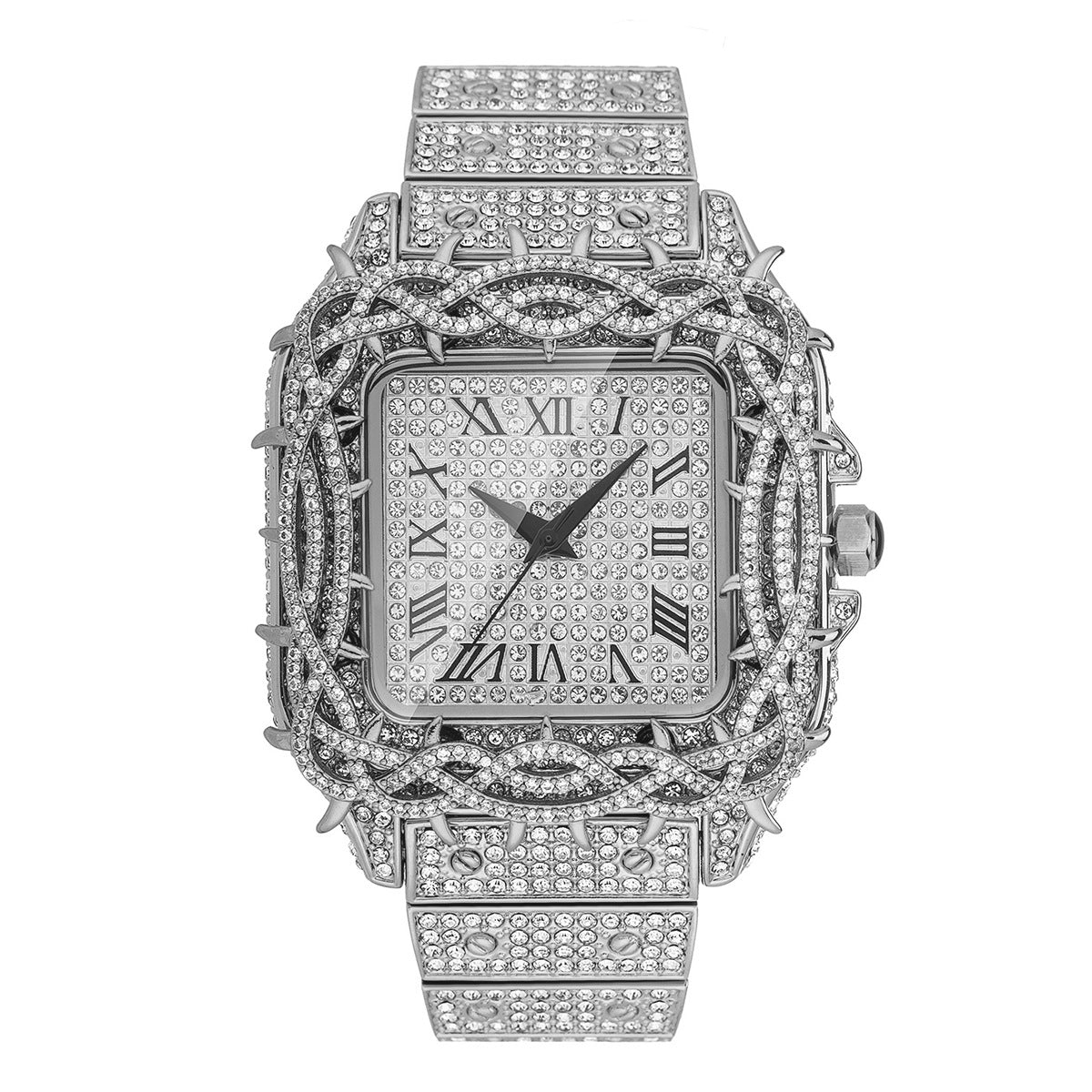 Men's Ice Thorn Dial Zircon Full Diamond Square Quartz Watch