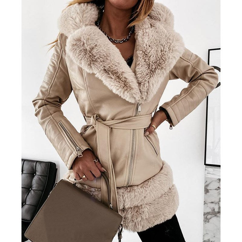 Women's Fashion Leather Coat with Fur Collar