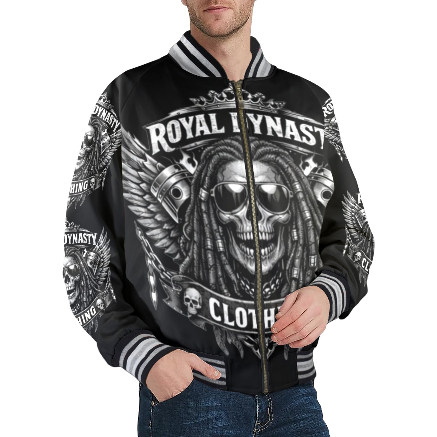 ROYAL DYNASTY SKULL New Men's Striped Trim Bomber Jacket