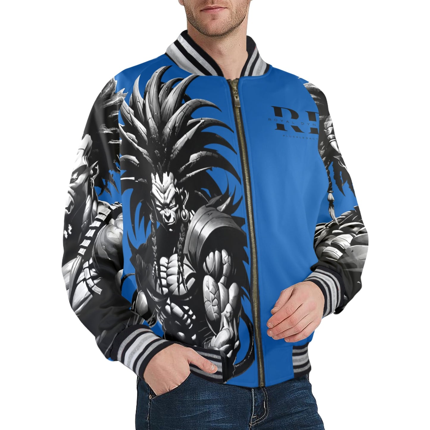 ROYAL DYNASTY ANIME BLUE FLAME New Men's Striped Trim Bomber Jacket