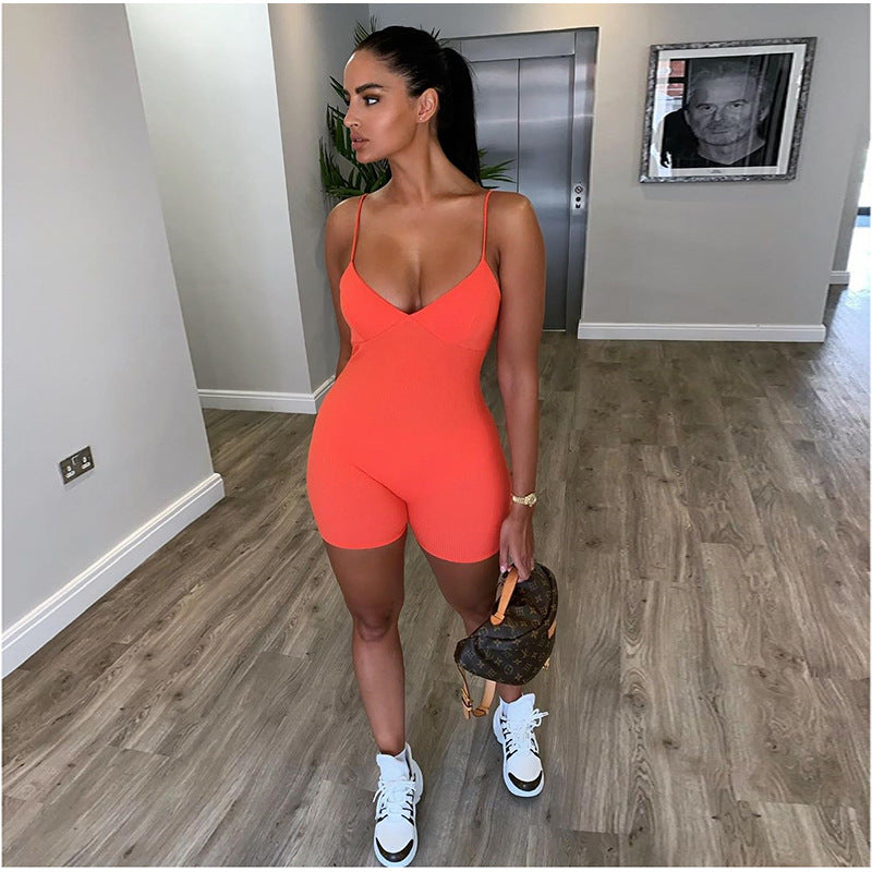 NCLAGEN Summer Sleeveless V Neck Bodycon Rompers Women Streetwear Fitness Spaghetti Strap Playsuit Short Jumpsuit Outfit