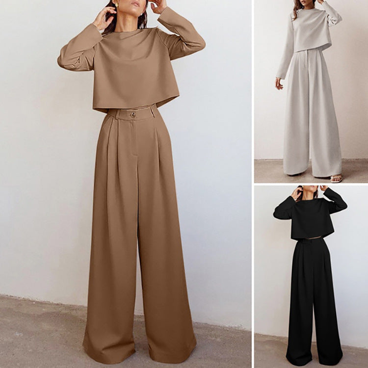 Brown Fashionable Long Sleeve Pure Color Cotton Two-piece Set