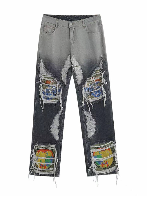 High Street Damaged Water Wash Heavy Industry Embroidery Broken Hole Jeans Men Straight Tube Loose Blast Street Pants