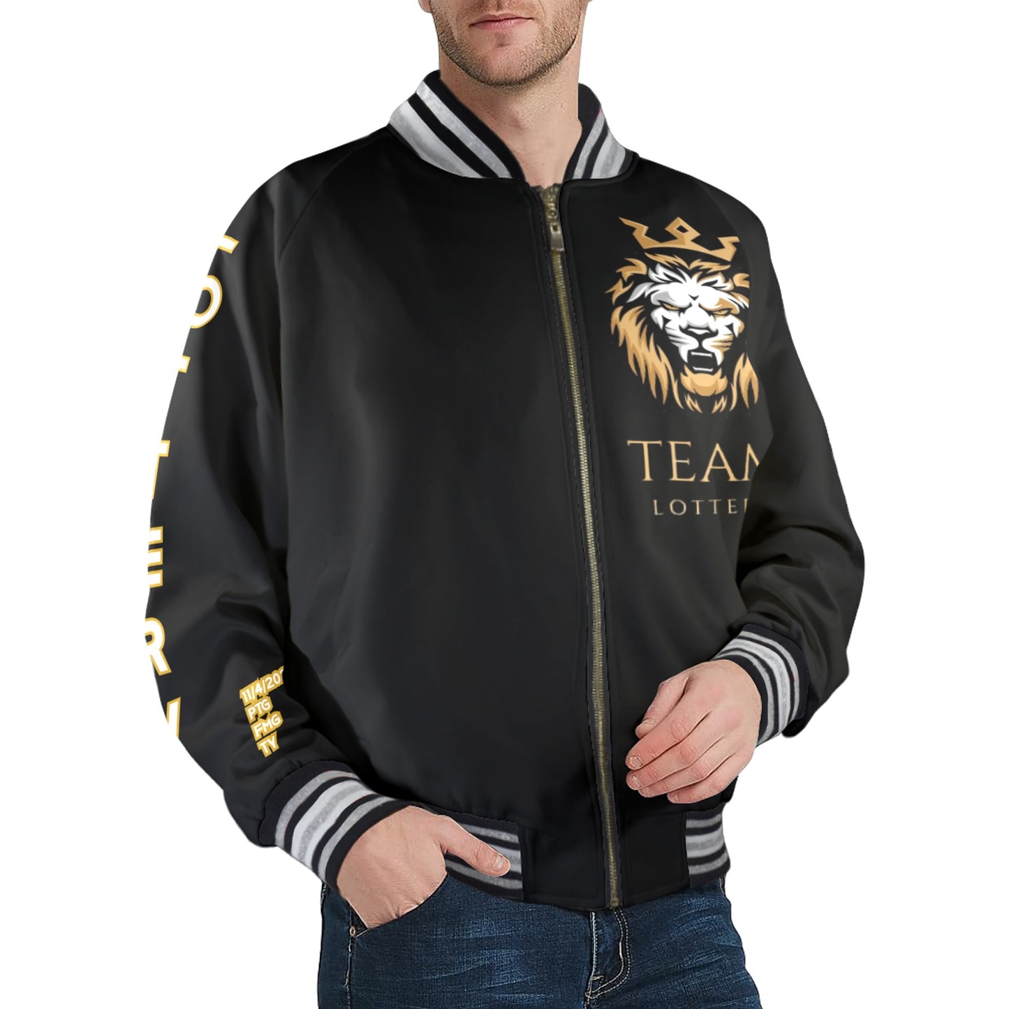 New TEAM LOTTERY LION KING Men's Striped Trim Bomber Jacket