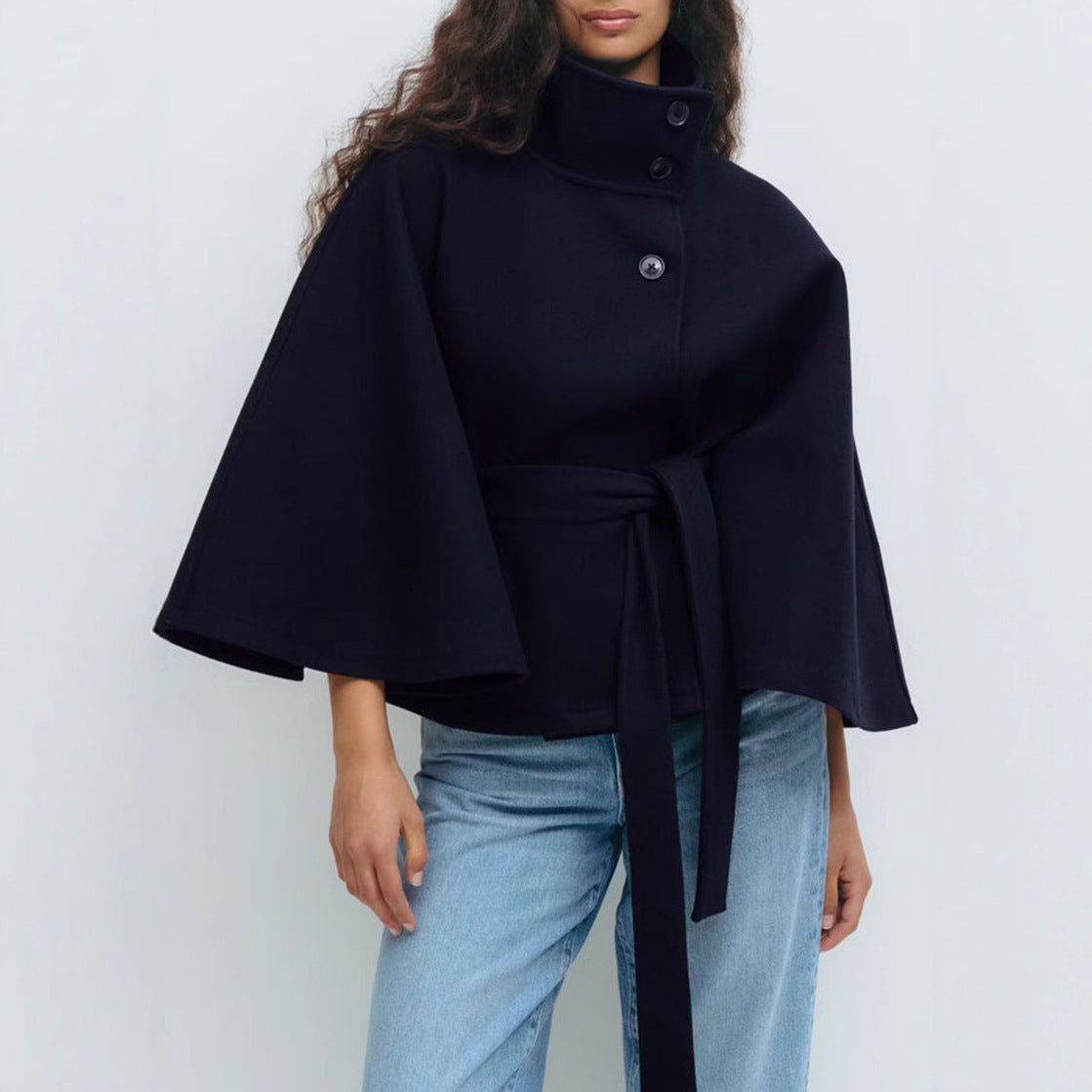 Women's Winter High Neck Batwing Sleeve Belted Trench Coat