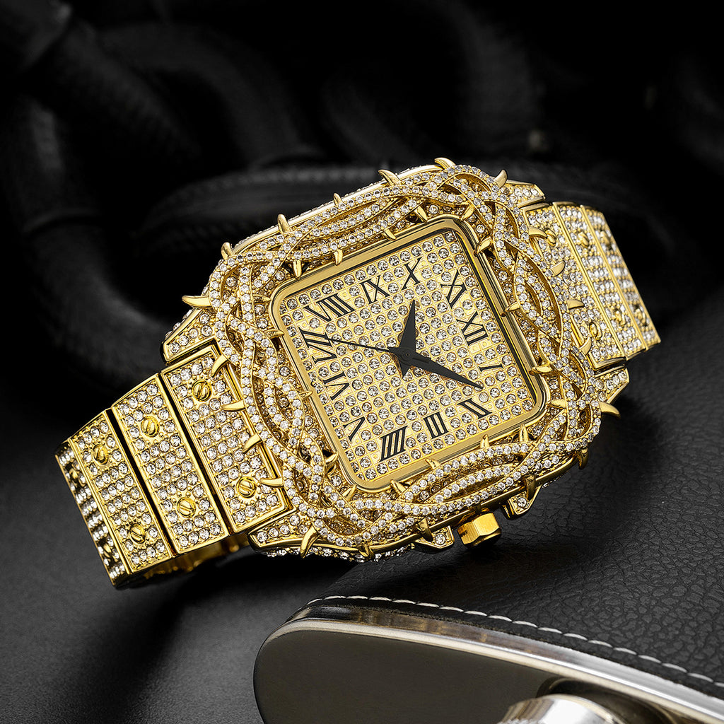 Men's Ice Thorn Dial Zircon Full Diamond Square Quartz Watch