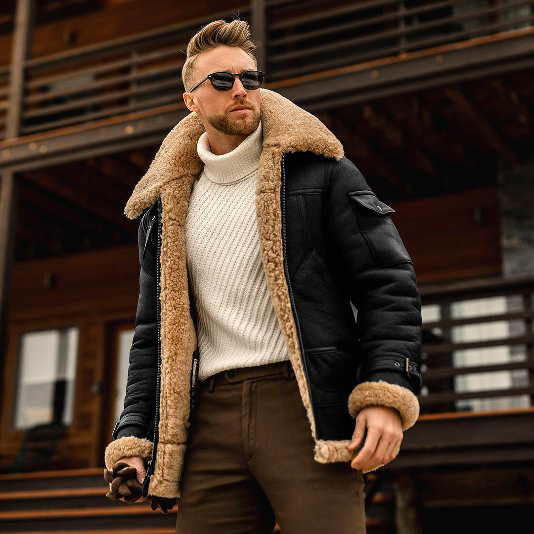 Fur collar men's leather jacket