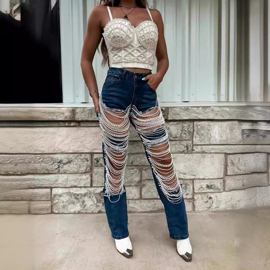 Chain Bead  Straight-leg Pants