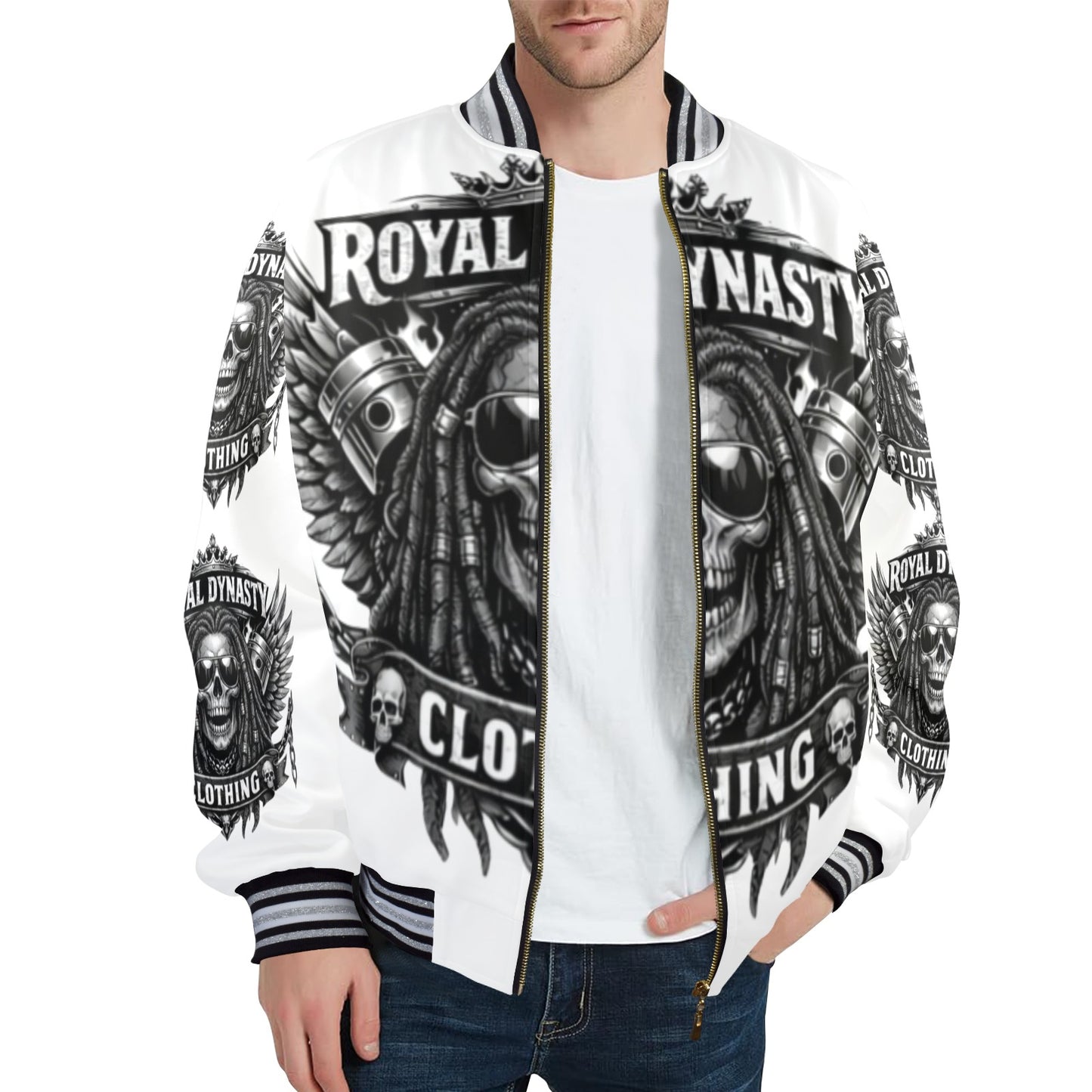 Royal Dynasty Skull Jacket Men's Striped Trim Bomber