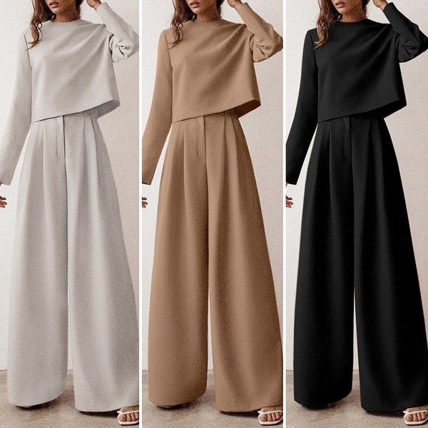 Brown Fashionable Long Sleeve Pure Color Cotton Two-piece Set