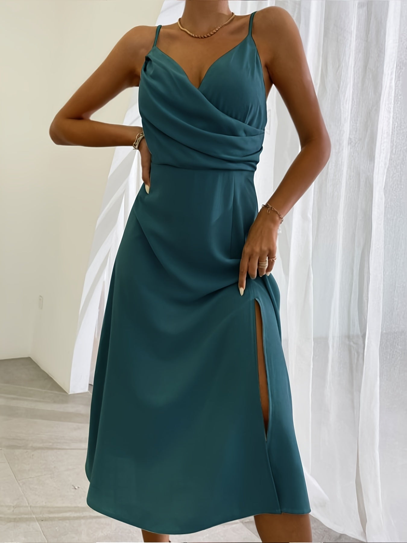 V-neck Slit Slim Suspender Dress For Women Clothing