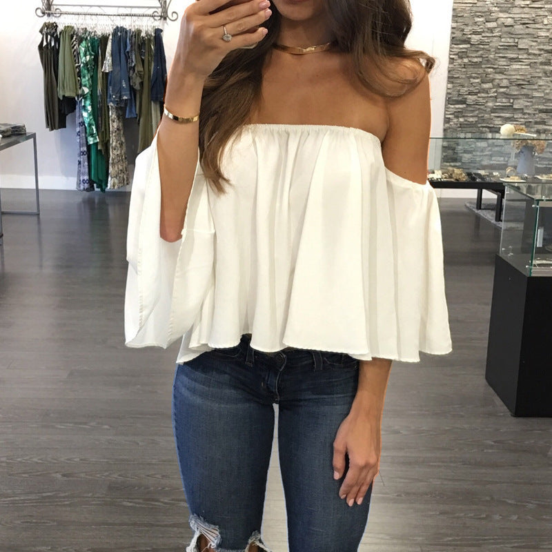 Wrapped chest collar long sleeve chiffon  top strapless loose T-shirt
