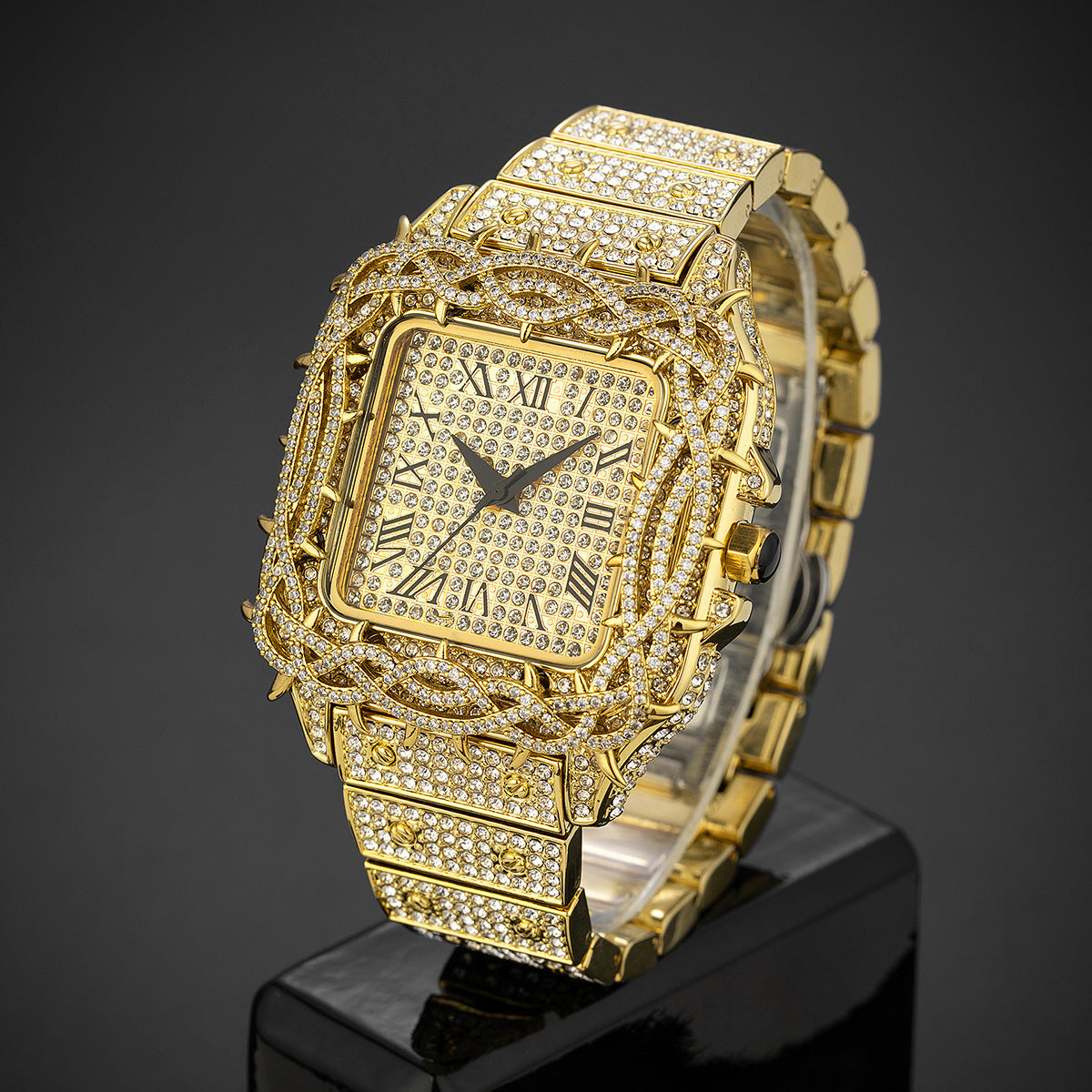 Men's Ice Thorn Dial Zircon Full Diamond Square Quartz Watch