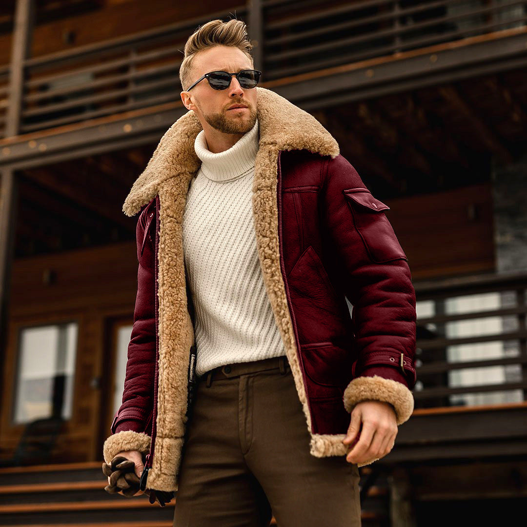 Fur collar men's leather jacket