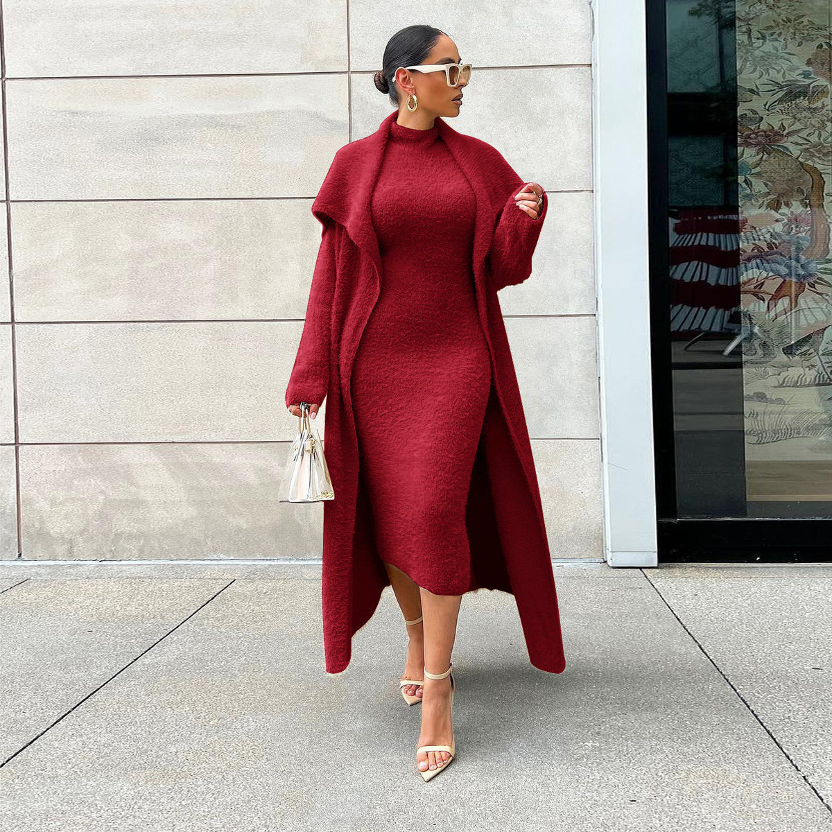 Autumn and winter cardigan velvet two-piece dress