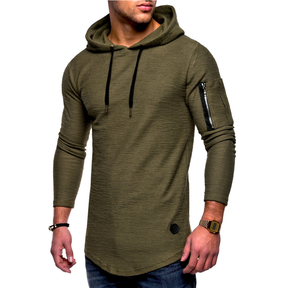 Solid color round neck hooded arm zipper stitching European and American long T-shirt