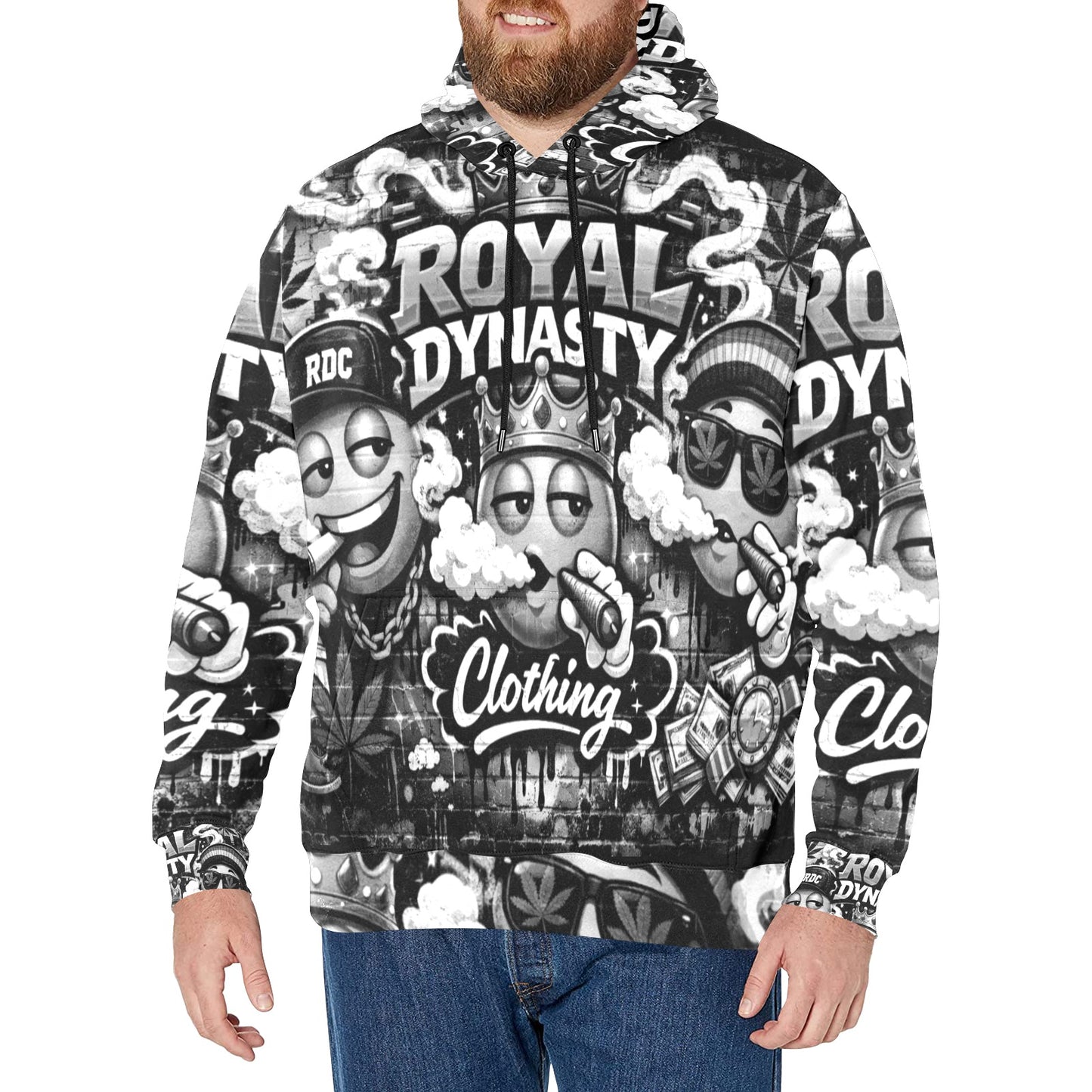 RDC BLACK WHITE LIT EMOJI Men's Long Sleeve Fleece Hoodie (H55)