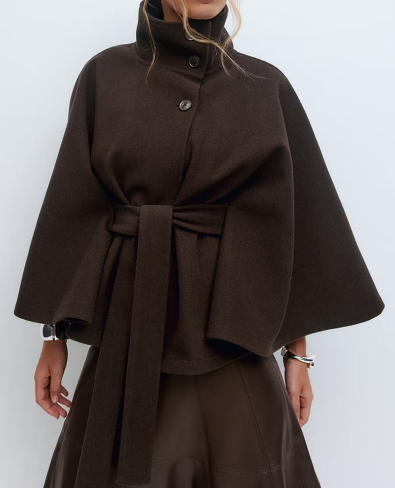 Women's Winter High Neck Batwing Sleeve Belted Trench Coat