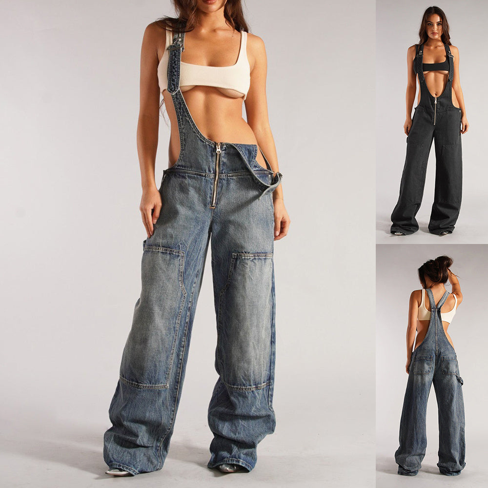 Y2K Denim Overalls With Pockets Fashion Loose Jumpsuit Streetwear Zipper Jeans Pants Womens Clothing