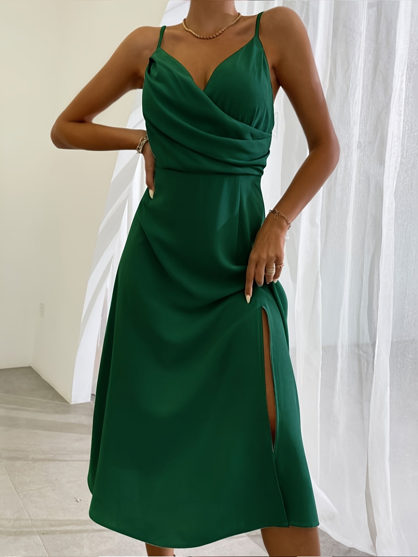 V-neck Slit Slim Suspender Dress For Women Clothing