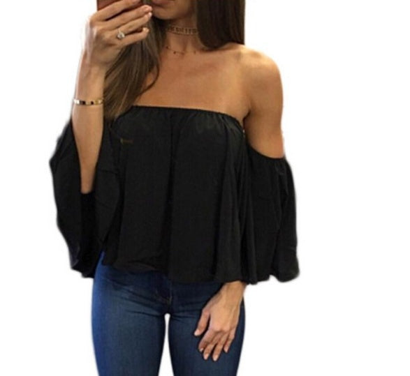 Wrapped chest collar long sleeve chiffon  top strapless loose T-shirt