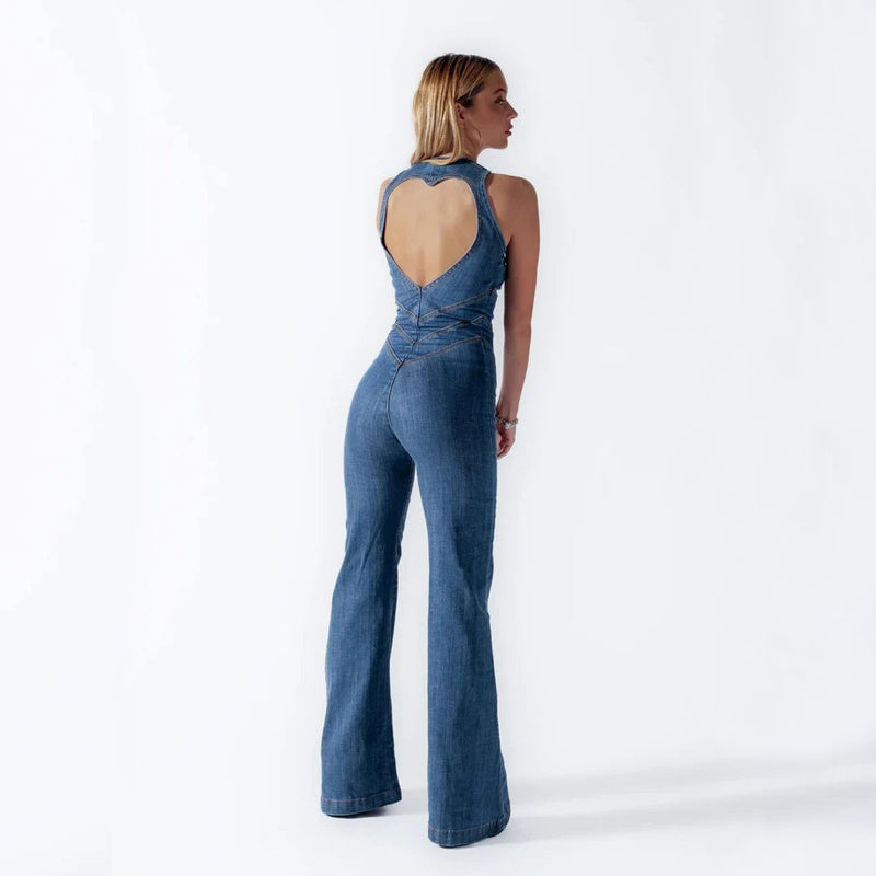 Summer Slim Heart-shape Backless Denim Jumpsuit for Women