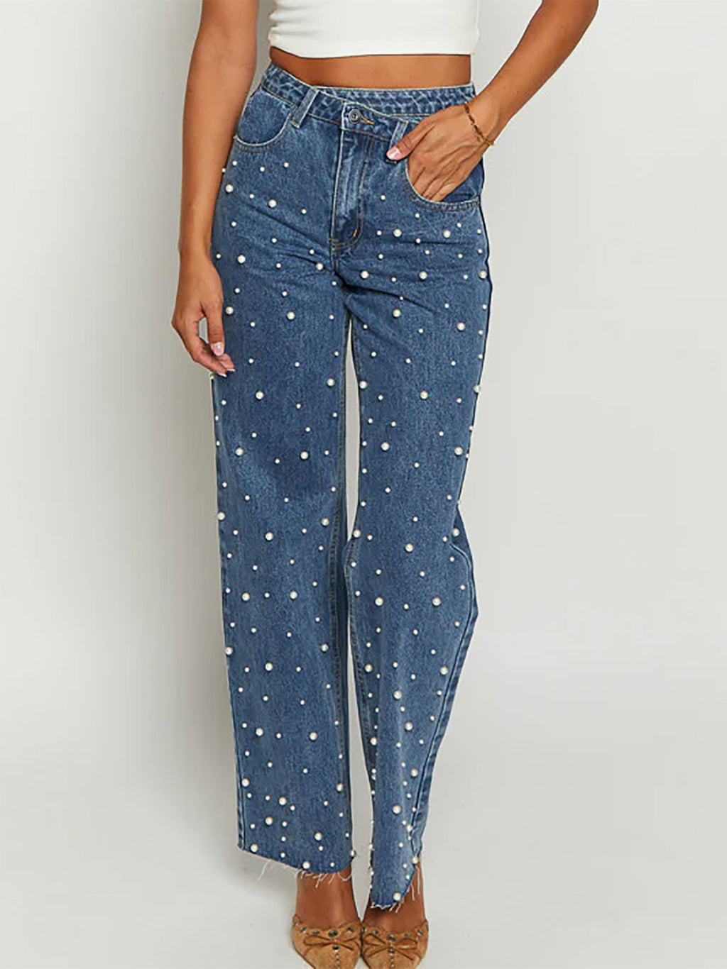 Cross Beaded Straight-leg Frayed Hem Jeans