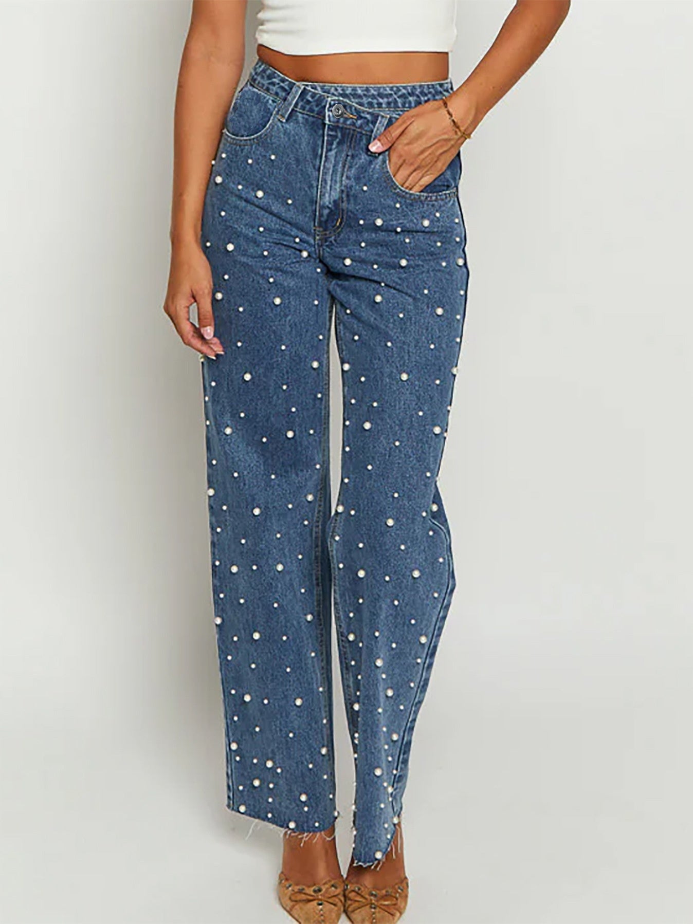 Cross Beaded Straight-leg Frayed Hem Jeans