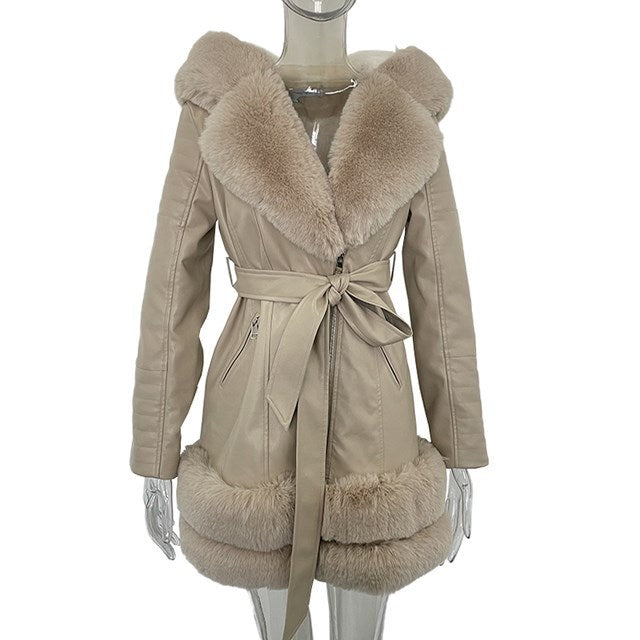 Women's Fashion Leather Coat with Fur Collar