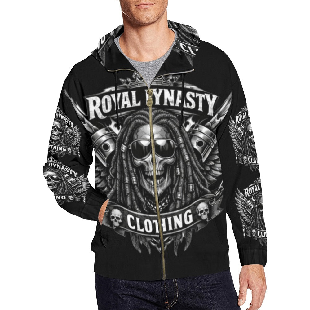 ROYAL DYNASTY BLACK AND WHITE SKULL Men's All Over Print Full Zip Hoodie (Model H14)