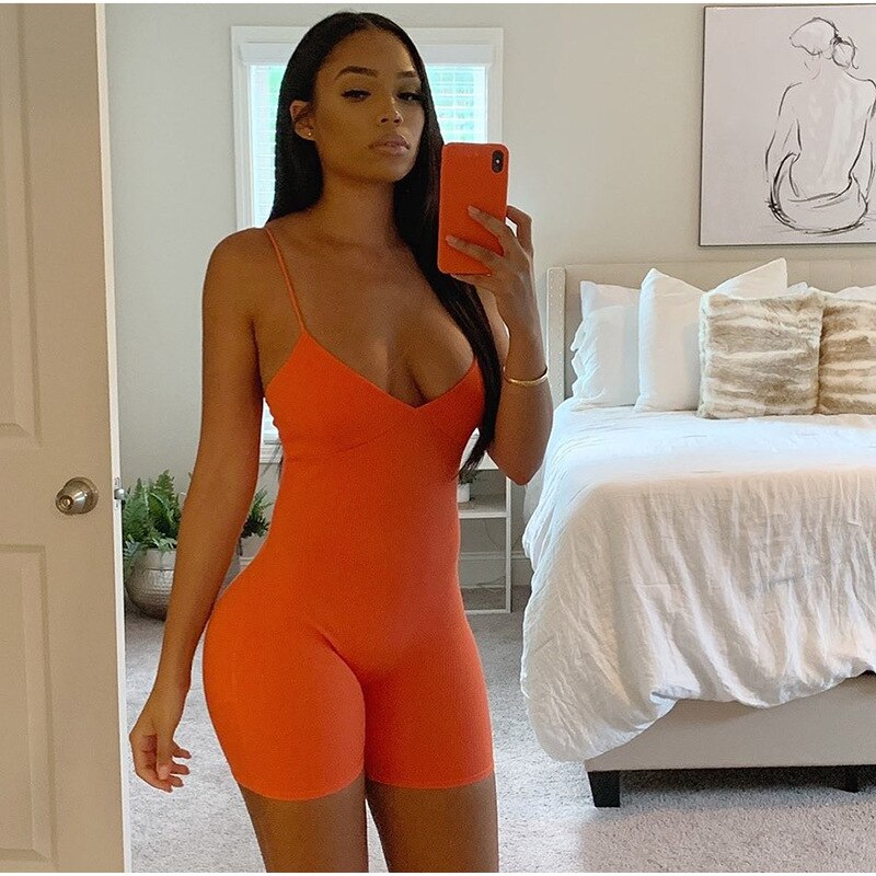 NCLAGEN Summer Sleeveless V Neck Bodycon Rompers Women Streetwear Fitness Spaghetti Strap Playsuit Short Jumpsuit Outfit