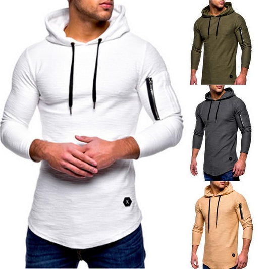 Solid color round neck hooded arm zipper stitching European and American long T-shirt