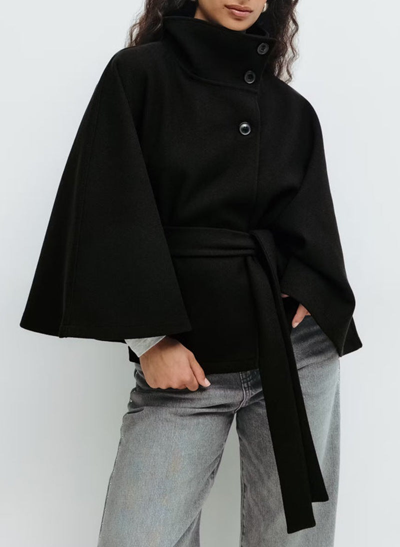 Women's Winter High Neck Batwing Sleeve Belted Trench Coat