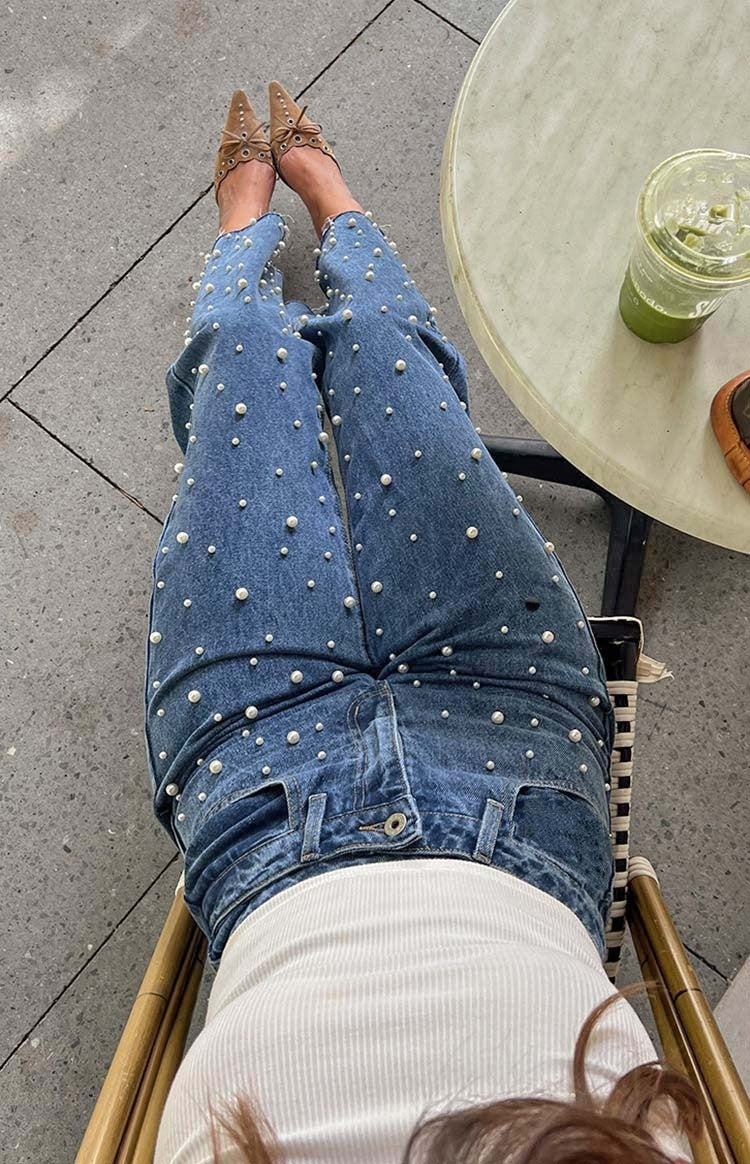 Cross Beaded Straight-leg Frayed Hem Jeans