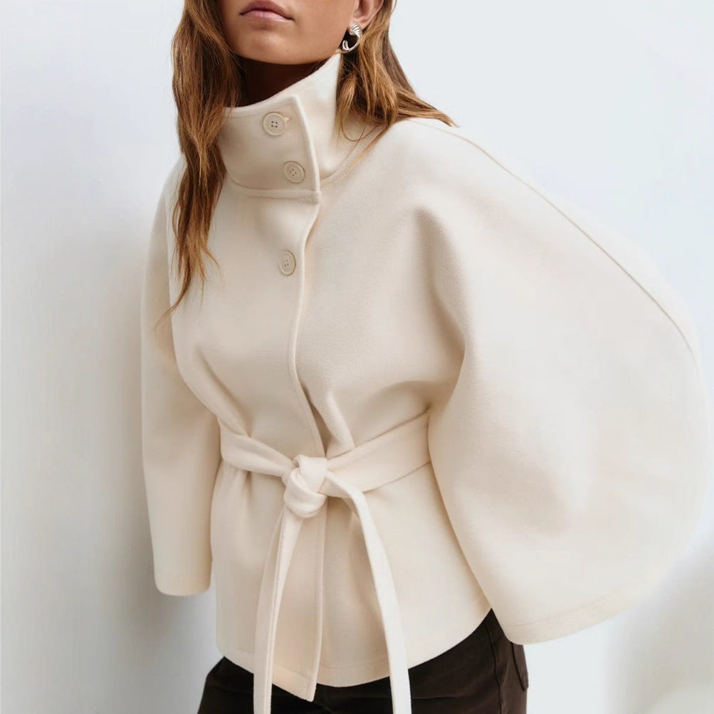 Women's Winter High Neck Batwing Sleeve Belted Trench Coat