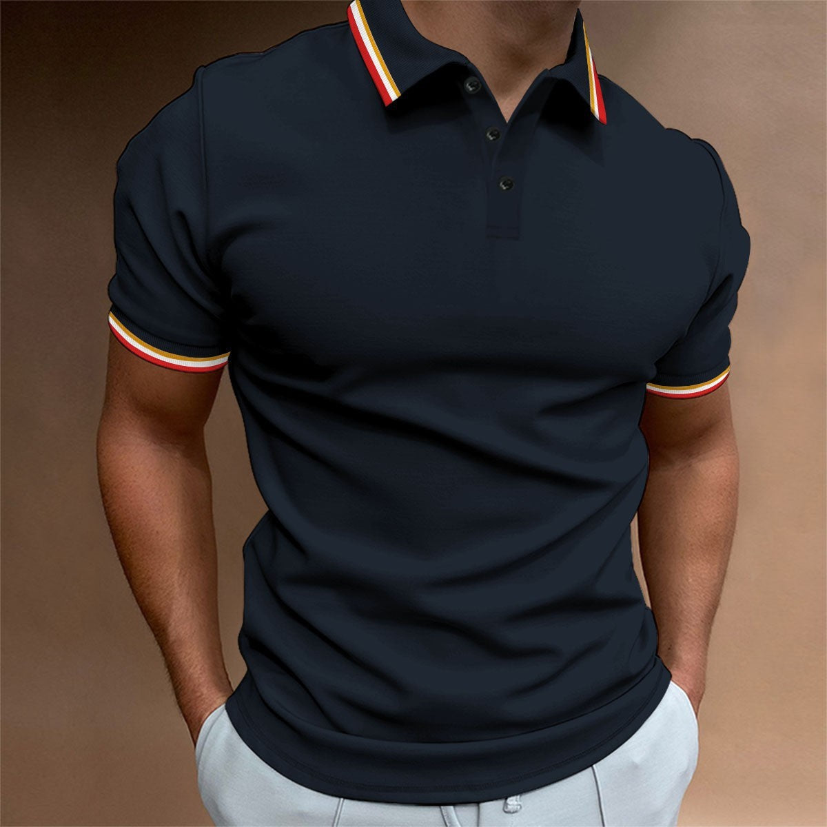 Men's Slim Polo Shirt Rib Striped T-shirt Top