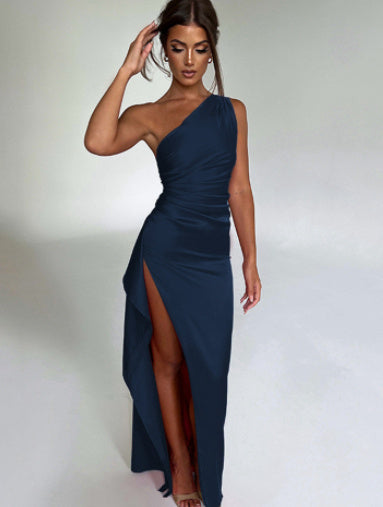 One-shoulder satin Backless Slit Dress  For Women