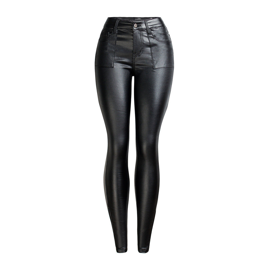 Black PU Leather Warm Fleece Pants Women`s Fashion Trousers Jeans