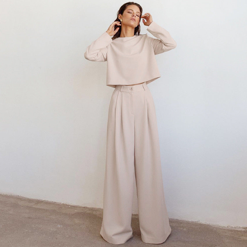 Brown Fashionable Long Sleeve Pure Color Cotton Two-piece Set