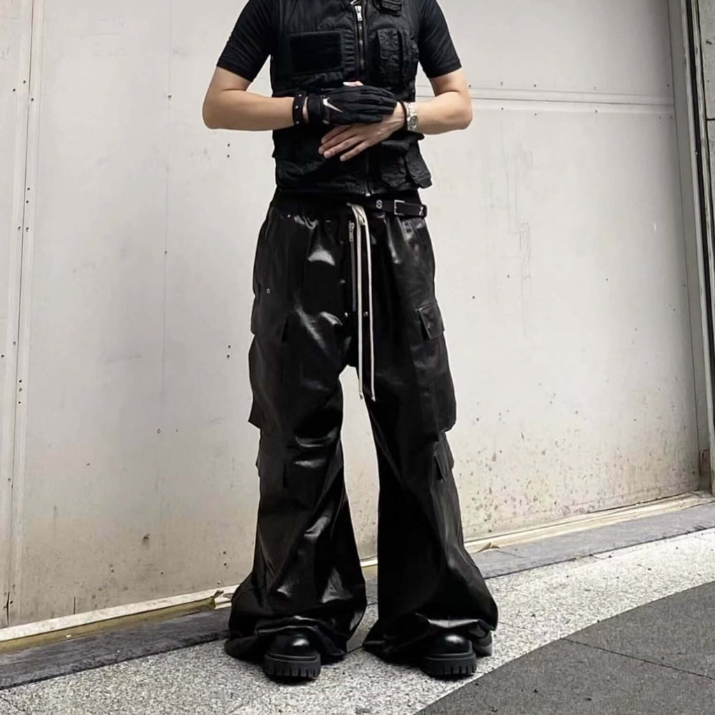 Bright Coated Wide Legged  luxury Black Casual Pants