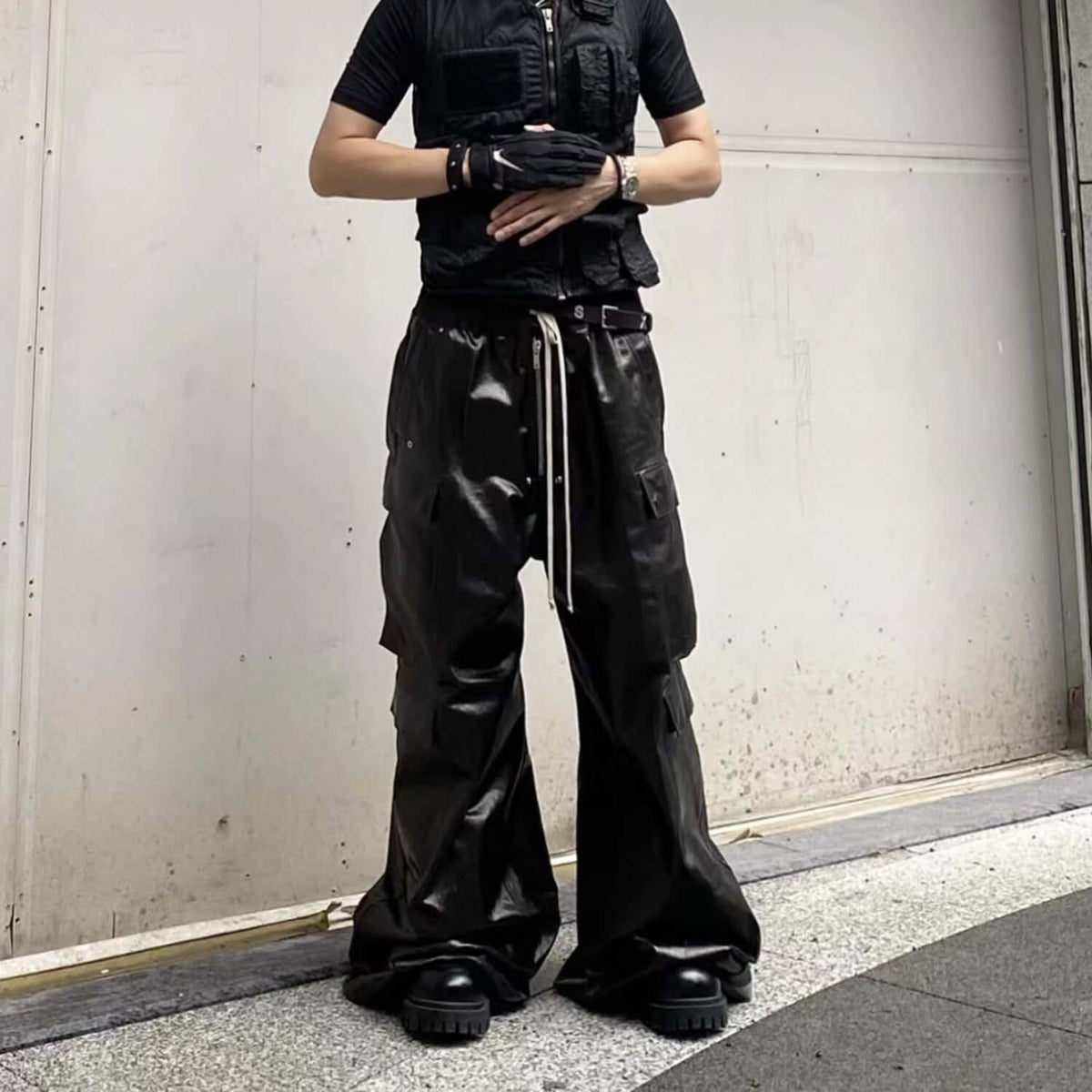 Bright Coated Wide Legged  luxury Black Casual Pants