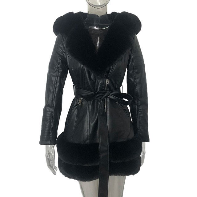 Women's Fashion Leather Coat with Fur Collar