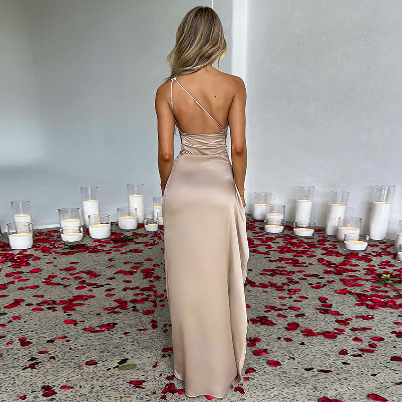 One-shoulder satin Backless Slit Dress  For Women