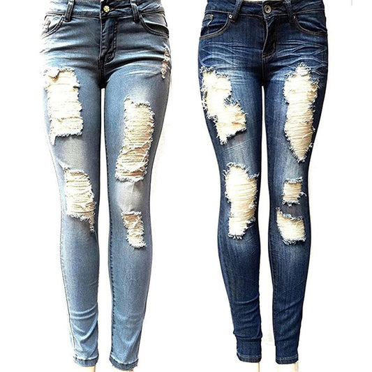 S-XXL Women's Skinny Hole Ripped Jeans New Fashion Women Baggar Pants