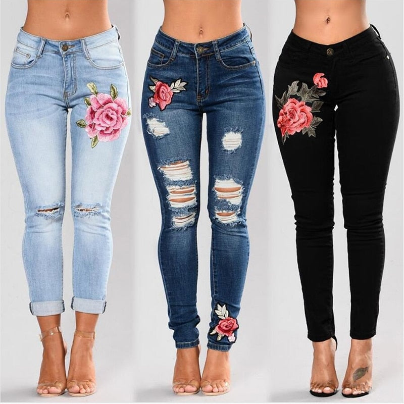 Stretch Embroidered Jeans For Women Elastic Flower Jeans Female Slim Denim Pants Hole Ripped Rose Pattern Jeans Pantalon Femme