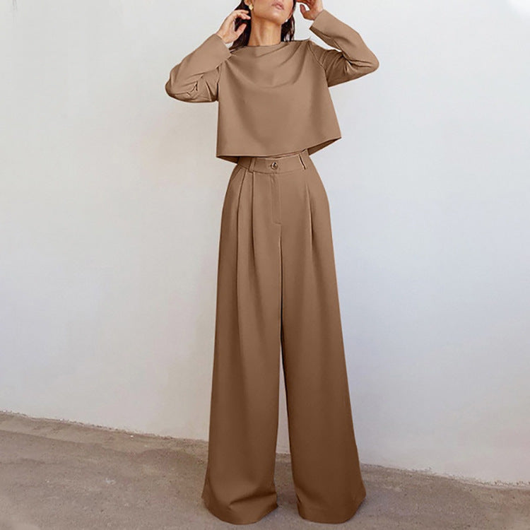 Brown Fashionable Long Sleeve Pure Color Cotton Two-piece Set