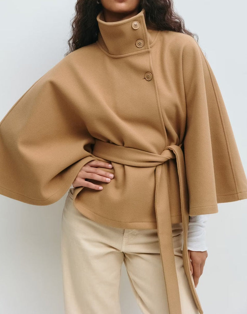 Women's Winter High Neck Batwing Sleeve Belted Trench Coat